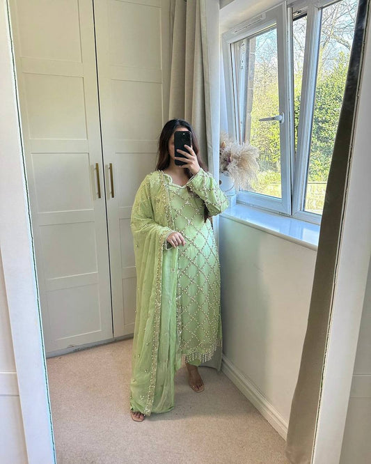 *DESIRABLE FANCY FAUX GEORGETTE SEQUENCE EMBROIDERED WORK TOP AND PENT WITH DUPATTA*