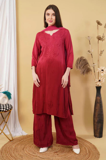 Ombre Dyed Shaded Rayon Chikankari Kurti, Palazzo and Dupatta Set.