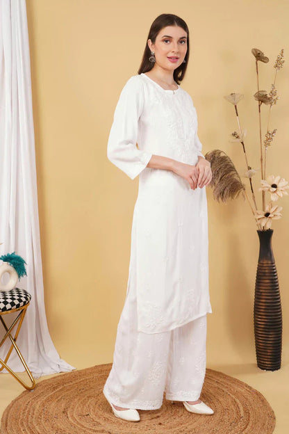 Ombre Dyed Shaded Rayon Chikankari Kurti, Palazzo and Dupatta Set.