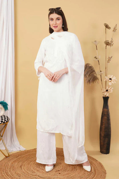 Ombre Dyed Shaded Rayon Chikankari Kurti, Palazzo and Dupatta Set.