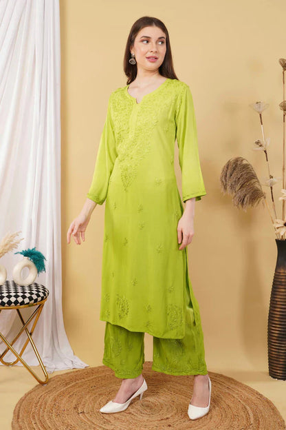 Ombre Dyed Shaded Rayon Chikankari Kurti, Palazzo and Dupatta Set.