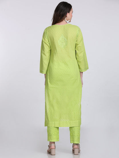 Dyed Cotton Chikankari Kurti & Lycra Pant Set, Pockets Both Side of the Pant