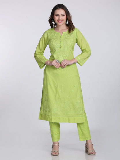 Dyed Cotton Chikankari Kurti & Lycra Pant Set, Pockets Both Side of the Pant