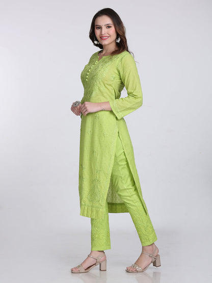 Dyed Cotton Chikankari Kurti & Lycra Pant Set, Pockets Both Side of the Pant