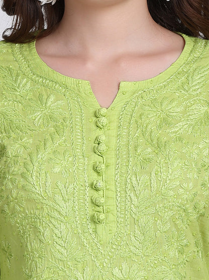 Dyed Cotton Chikankari Kurti & Lycra Pant Set, Pockets Both Side of the Pant