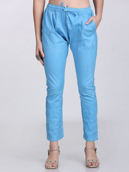 Dyed Cotton Chikankari Kurti & Lycra Pant Set, Pockets Both Side of the Pant