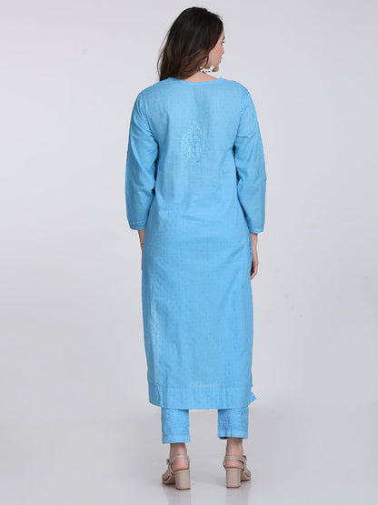 Dyed Cotton Chikankari Kurti & Lycra Pant Set, Pockets Both Side of the Pant