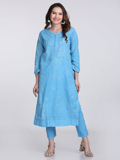 Dyed Cotton Chikankari Kurti & Lycra Pant Set, Pockets Both Side of the Pant