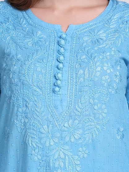 Dyed Cotton Chikankari Kurti & Lycra Pant Set, Pockets Both Side of the Pant