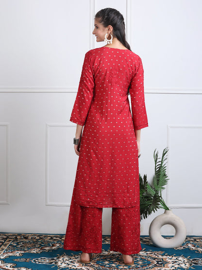 Women's Premium Dyed Chanderi Silk Chikankari Kurti and Palazzo Set