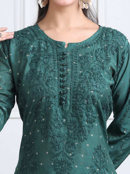 Women's Premium Dyed Chanderi Silk Chikankari Kurti and Palazzo Set
