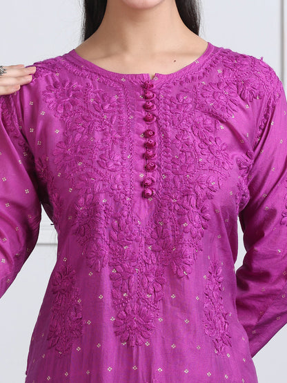 Women's Premium Dyed Chanderi Silk Chikankari Kurti and Palazzo Set