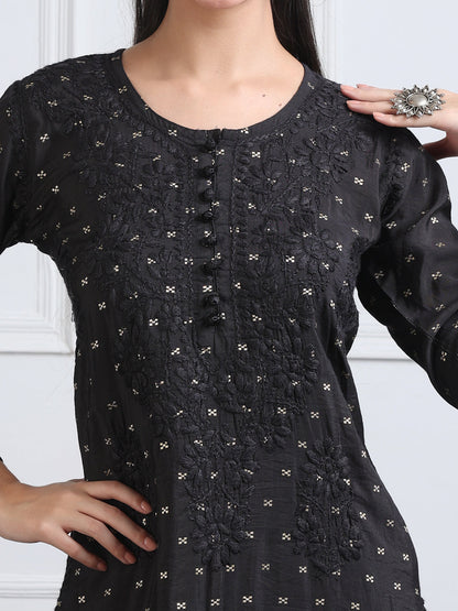 Women's Premium Dyed Chanderi Silk Chikankari Kurti and Palazzo Set