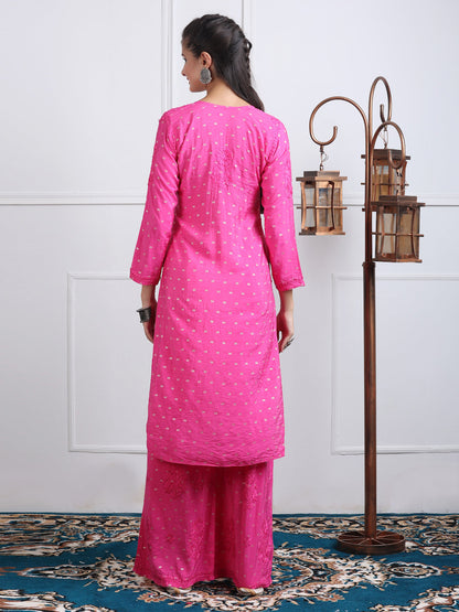 Women's Premium Dyed Chanderi Silk Chikankari Kurti and Palazzo Set