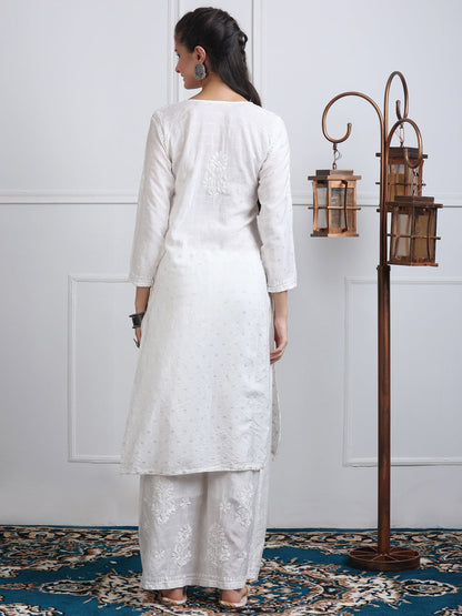 Women's Premium Dyed Chanderi Silk Chikankari Kurti and Palazzo Set