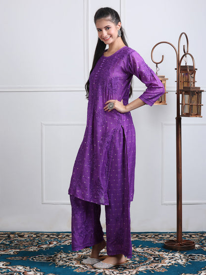 Women's Premium Dyed Chanderi Silk Chikankari Kurti and Palazzo Set