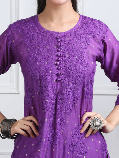 Women's Premium Dyed Chanderi Silk Chikankari Kurti and Palazzo Set