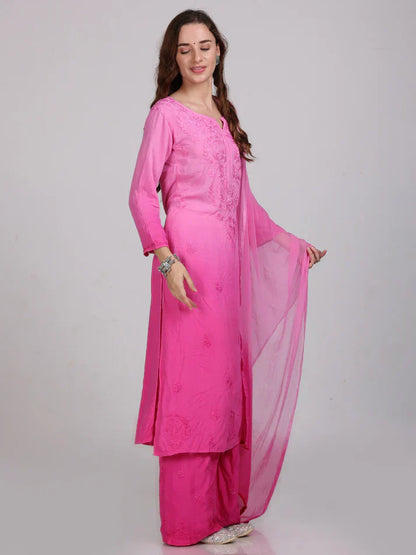 Ombre Dyed Shaded Rayon Chikankari Kurti, Palazzo and Dupatta Set.