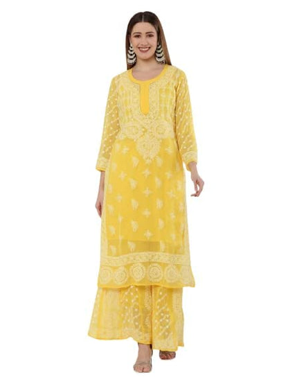 Premium Chiffon Georgette Chikankari Handwork Kurti with Sharara & Matching Cotton Inner Set