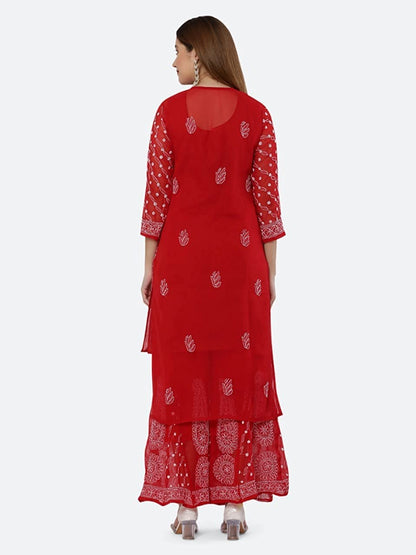 Premium Chiffon Georgette Chikankari Handwork Kurti with Sharara & Matching Cotton Inner Set