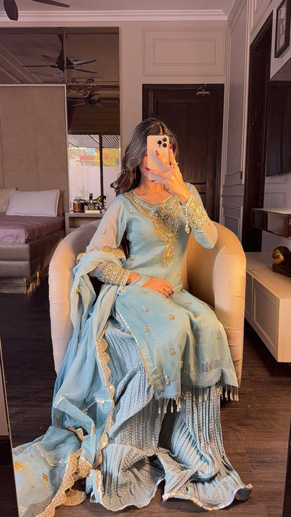 Azure Luxe Embroidery Ensemble Top-Bottom And Dupatta Set
