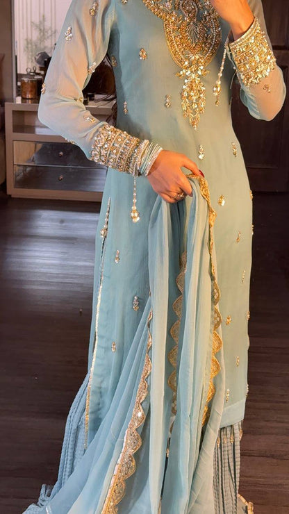 Azure Luxe Embroidery Ensemble Top-Bottom And Dupatta Set