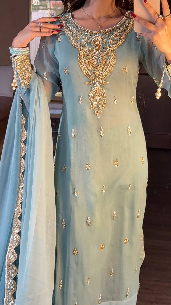 Azure Luxe Embroidery Ensemble Top-Bottom And Dupatta Set
