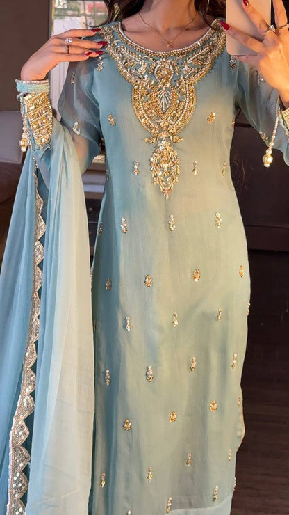 Azure Luxe Embroidery Ensemble Top-Bottom And Dupatta Set