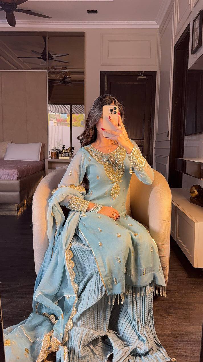 Azure Luxe Embroidery Ensemble Top-Bottom And Dupatta Set