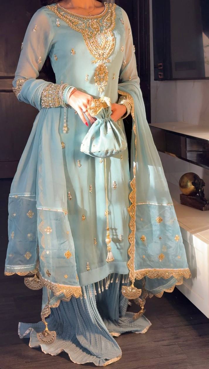 Azure Luxe Embroidery Ensemble Top-Bottom And Dupatta Set