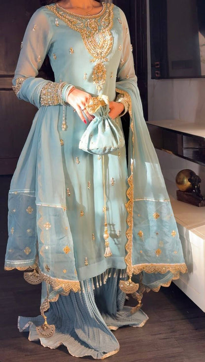 Azure Luxe Embroidery Ensemble Top-Bottom And Dupatta Set
