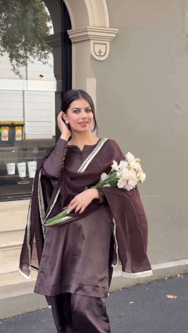 Brown Top-Bottom And Blooming Georgette Dupatta  Suit