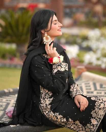 Black Suit Adorned with Golden Embroidery