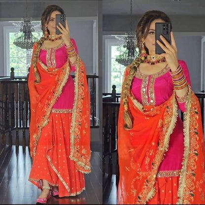 Two Colour Launching New Designer Party Wear Look Top Dhoti Skirt and Dupatta Set