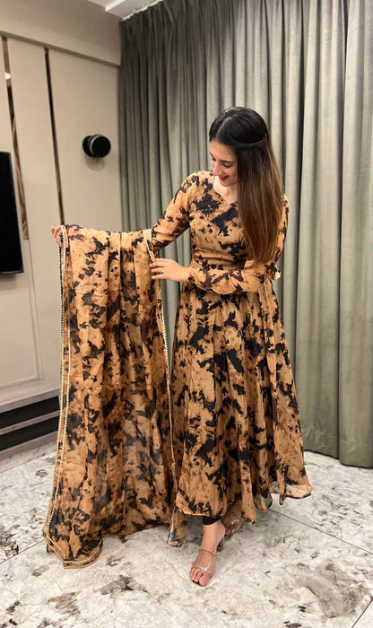 Coffee Printed Anarkali Gown With Pant & Dupatta Set