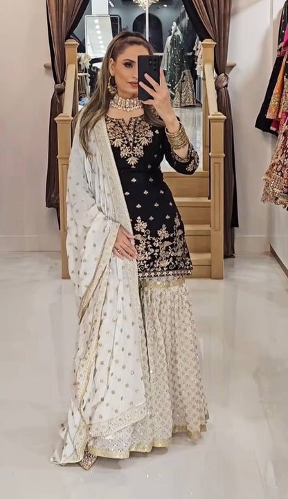 Black and Gold Sharara Set with Ivory Accents