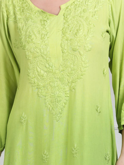 Ombre Dyed Shaded Rayon Chikankari Kurti, Palazzo and Dupatta Set.