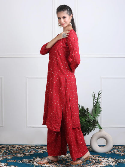 Women's Premium Dyed Chanderi Silk Chikankari Kurti and Palazzo Set