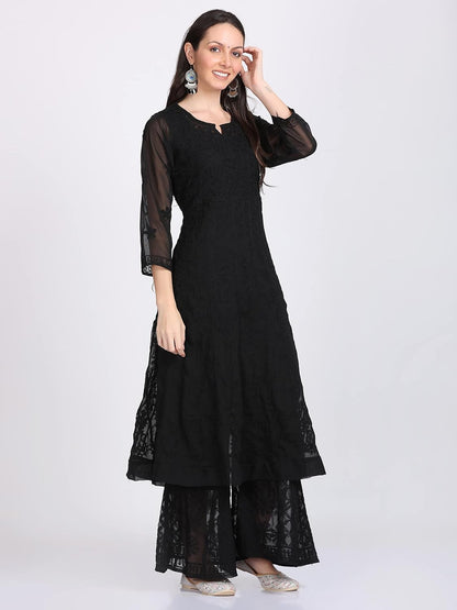 Faux Georgette Chikankari Flared Anarkali with Matching Dupatta & Cotton Inner