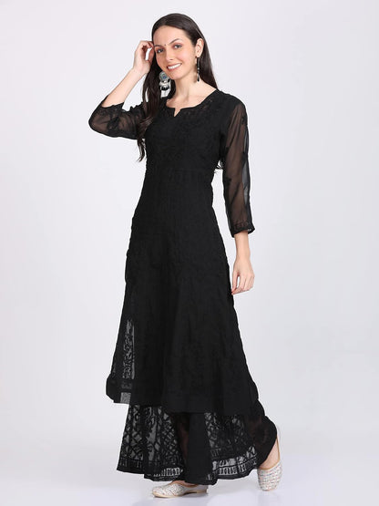 Faux Georgette Chikankari Flared Anarkali with Matching Dupatta & Cotton Inner