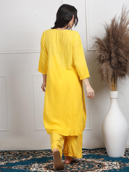 Ombre Dyed Shaded Rayon Chikankari Kurti, Palazzo and Dupatta Set.