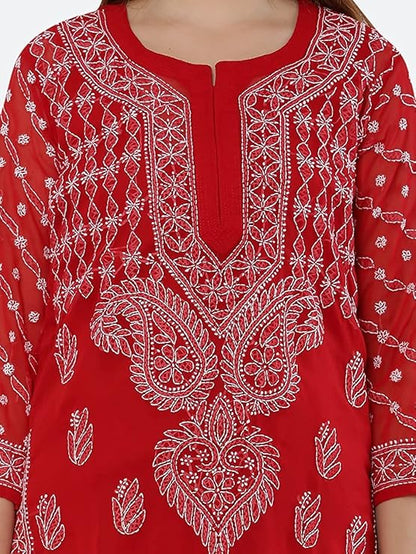 Premium Chiffon Georgette Chikankari Handwork Kurti with Sharara & Matching Cotton Inner Set