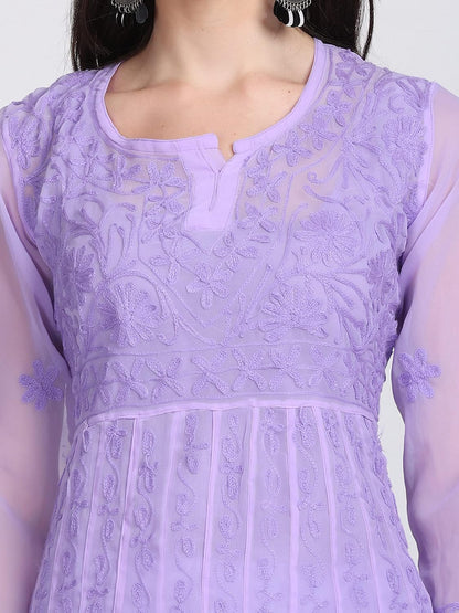 Faux Georgette Chikankari Flared Anarkali with Matching Dupatta & Cotton Inner