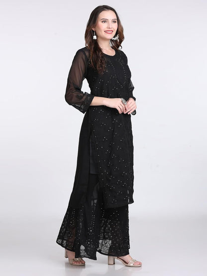 Chiffon Georgette Muquesh Embellishments Straight Kurta, Sharara & Dupatta Set With Matching Cotton inner