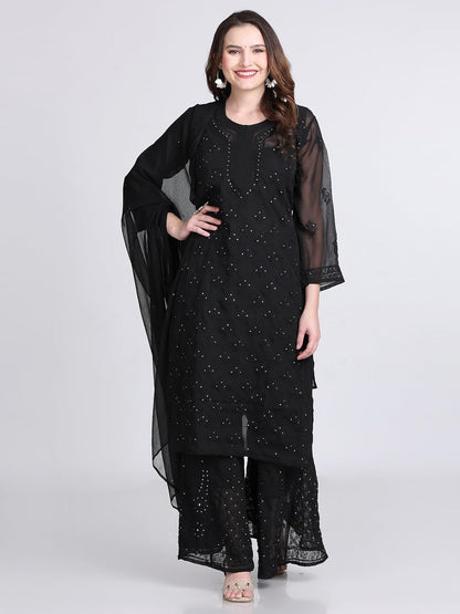 Chiffon Georgette Muquesh Embellishments Straight Kurta, Sharara & Dupatta Set With Matching Cotton inner