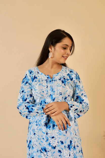 Women's Super Comfy Pure Mulmul Floral Print Lucknowi Chikankari Straight Long Kurti