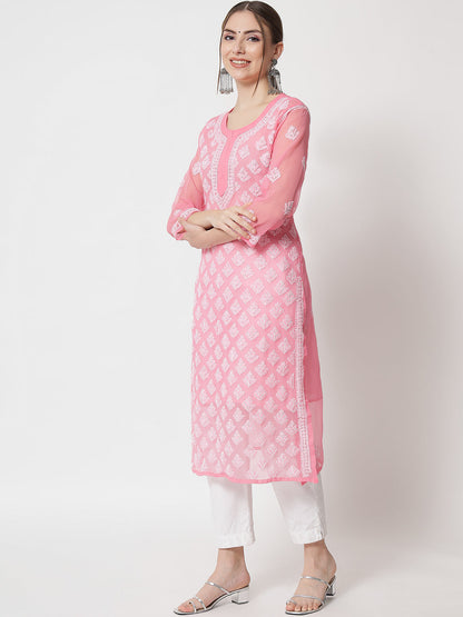 Women's Chiffon Georgette Chikankari Booti Jaal Kurti With Matching Cotton Inner