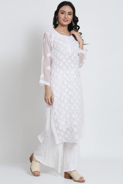 Women's Chiffon Georgette Chikankari Booti Jaal Kurti With Matching Cotton Inner