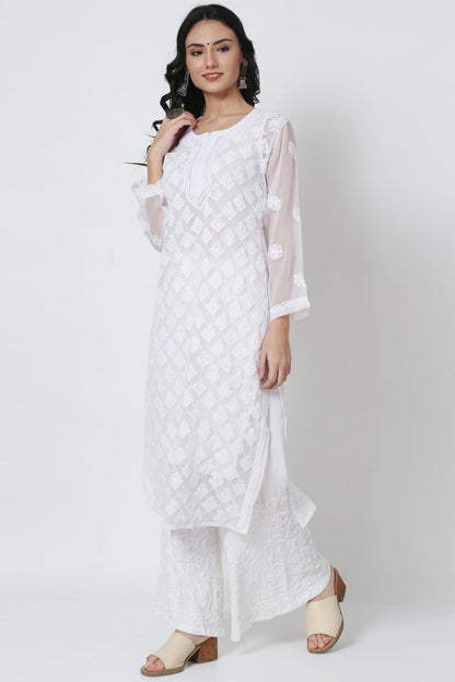 Women's Chiffon Georgette Chikankari Booti Jaal Kurti With Matching Cotton Inner