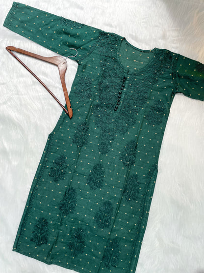 Premium Dyed Chanderi Silk Lucknowi Chikankari Kurti and Palazzo Set for Women